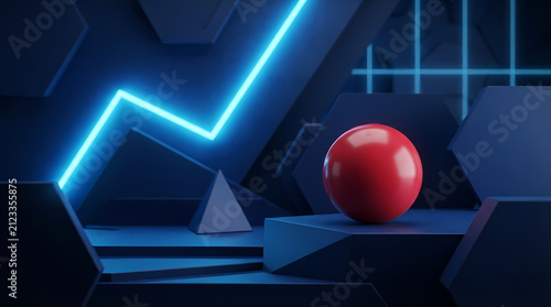 Abstract geometric blue background with neon light and red ball. Minimalist 3d illustration