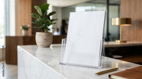 A blank white flyer mockup inside a clear plastic holder on a marble reception desk in an office.