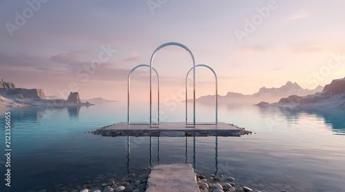 3d render, abstract zen seascape background. Nordic surreal scenery with geometric mirror arches, calm water and pastel gradient sky. Futuristic minimalist wallpaper