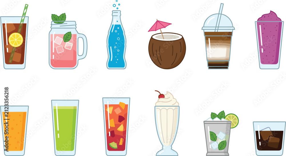 Fototapeta premium Refreshing drinks cartoon vector collection featuring iced tea, lemonade, soda, coconut water, coffee, smoothie, juice, milkshake, mojito, and cold beverages