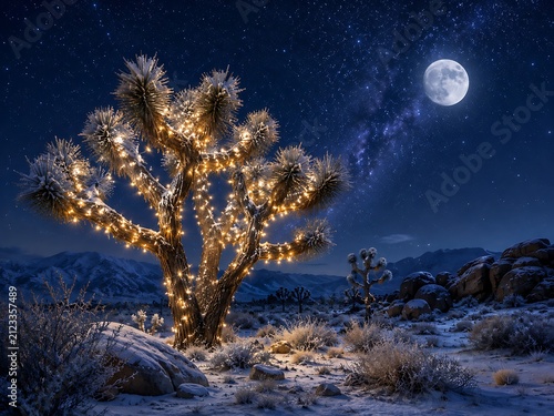 A joshua tree decorated with glowing yellow fairy lights in a snowy desert landscape under a bright full moon and a starry night sky with clouds
