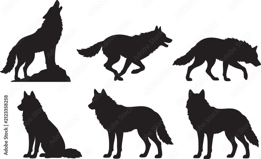 Obraz premium Wolf Silhouette Vector Set Majestic Wild Wolf Collection Black Animal Icons Isolated on White Background