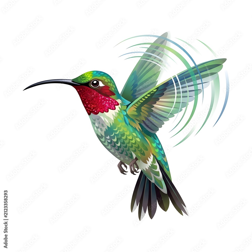 Fototapeta premium Vibrant hummingbird hovering in mid-air with iridescent feathers. Tiny bird feeding with long beak and rapid wing motion.