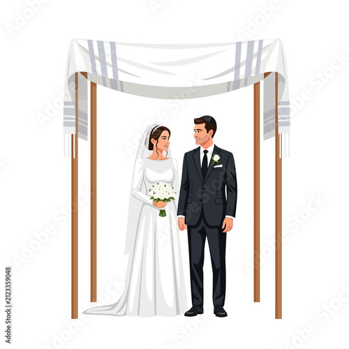 Jewish Wedding Couple Standing Under Traditional Chuppah Canopy