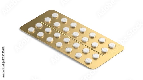 Golden blister pack with white round pharmaceutical pills.