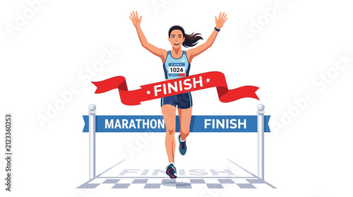 Woman runner breaking tape at marathon finish line, triumphant