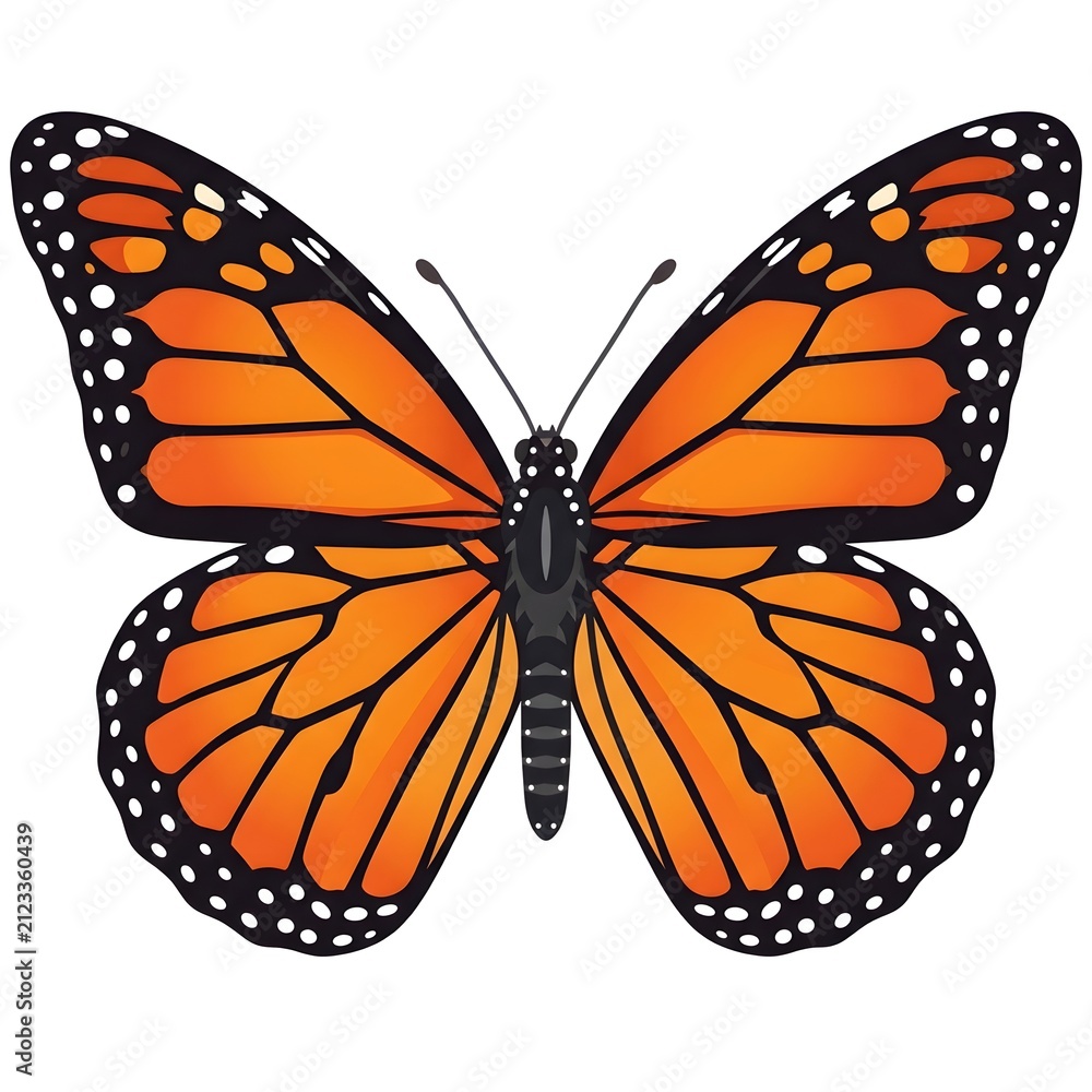 Fototapeta premium Monarch butterfly with open wings on white background. Vibrant orange and black insect in high-detail isolated nature shot.