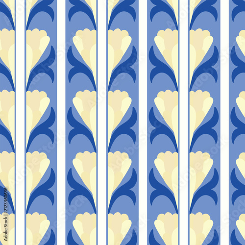 Fotografie Seamless pattern with symmetric blue wave shapes over light yellow elements