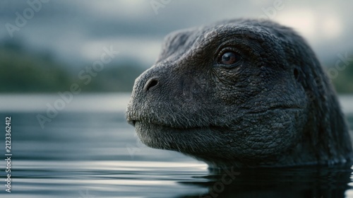 Side profile of a lifelike dinosaur emerging from water in misty lake for background or poster with detailed textured skin and ripples