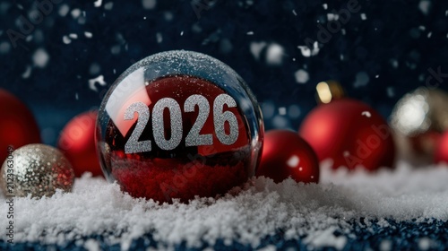 Festive red christmas ornaments in snow celebrating 2026
