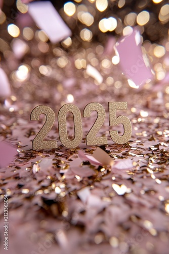 Glittering 2025 celebration with gold confetti and soft pink background
