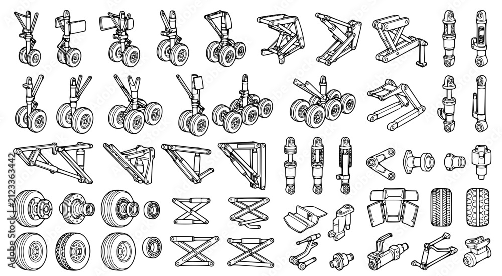 Fototapeta premium Set of aircraft landing gear components and hydraulic shock absorbers in detailed black and white line art vector illustration style