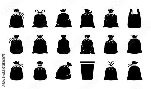 Set of 15 Black Silhouette Garbage Bags and Trash Can Icons, Vector Collection for Waste Management and Recycling Concepts