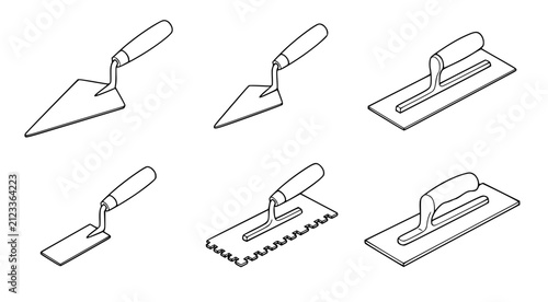 Set of eight masonry trowel and plastering float designs for construction and professional building work