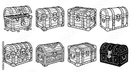 Set of vintage treasure chests and antique wooden storage trunks with lock and key details for fantasy game assets
