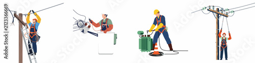 Set of illustrations showing professional electricians and lineworkers performing maintenance and repair on electrical power lines, utility poles, and transformers.