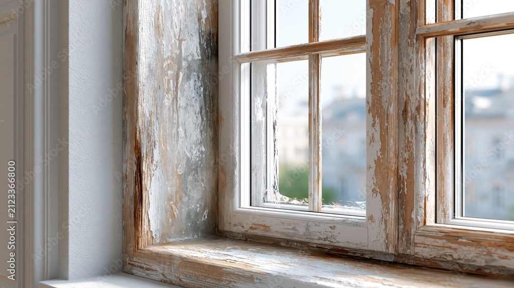 Fototapeta premium Peeling paint on an old wooden window frame reveals weathered textures.