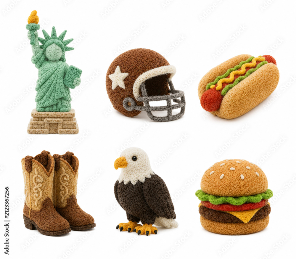 Obraz premium Felt Style American Culture Icons Set with Statue of Liberty Football Helmet Hot Dog Cowboy Boots Bald Eagle and Burger Isolated on White