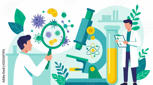 Foto Scientists conducting microbiology research in a lab with microscope and microbe
