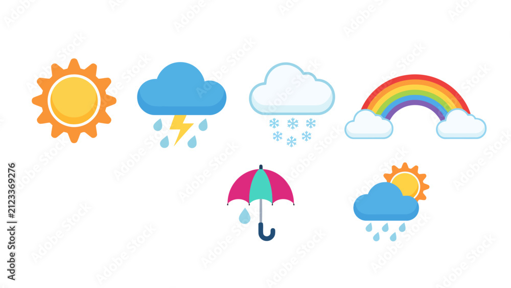 Fototapeta premium Weather forecast icons featuring sun rainbow rain and snow symbols