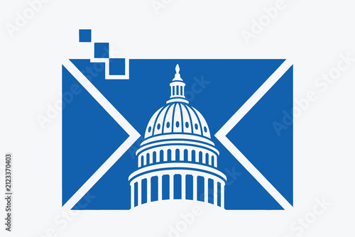Capitol building silhouette with geometric shapes a flat vector illustration in blue and white government