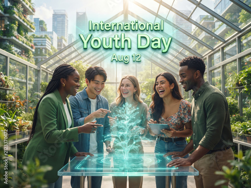 Young People Using Futuristic Holographic Interface In Greenhouse
