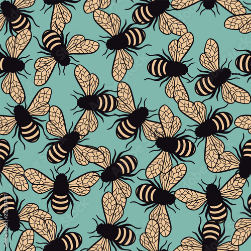 Honey Bees on Green Background Vector Seamless Pattern