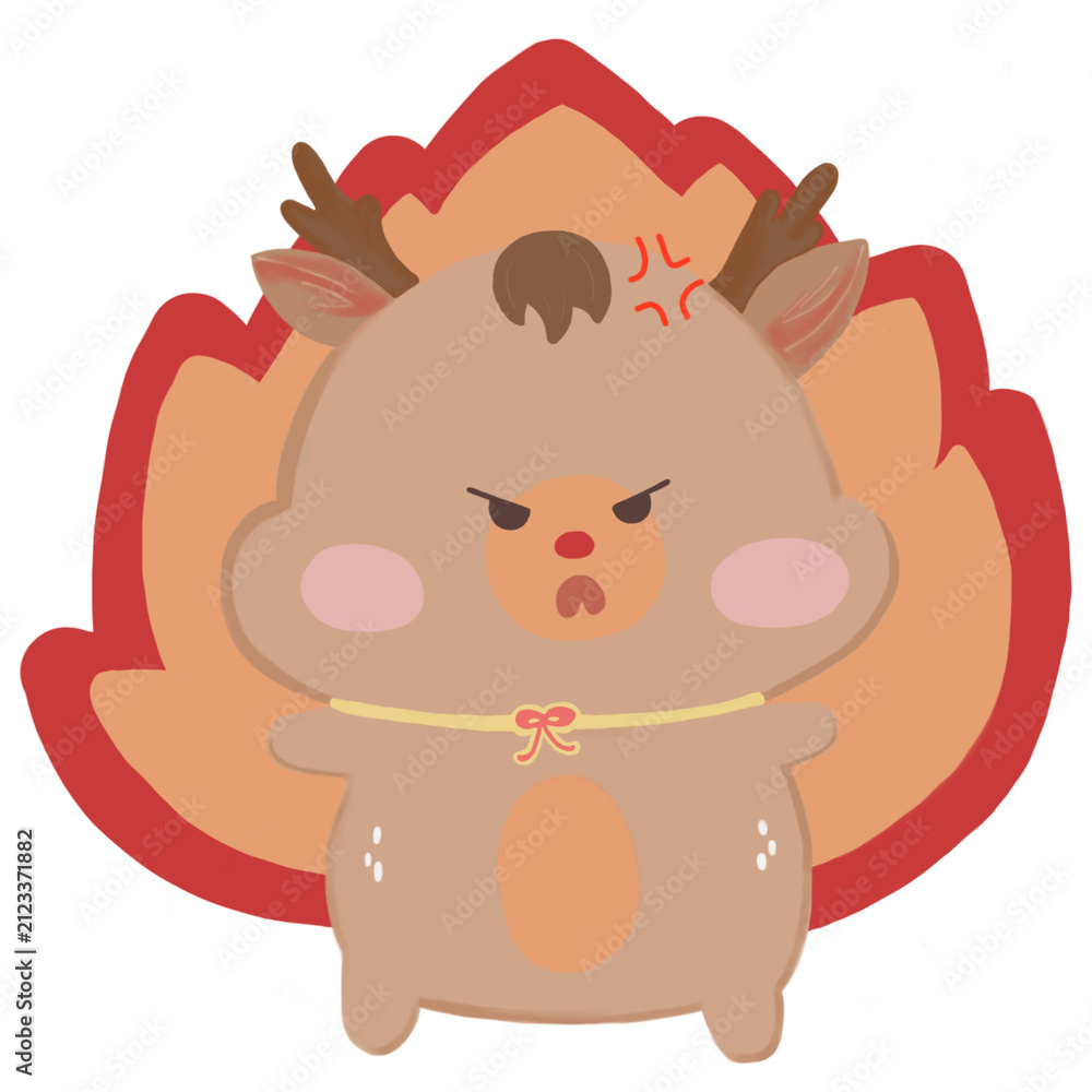 Fototapeta premium Cute angry cartoon deer with fire background vector illustration