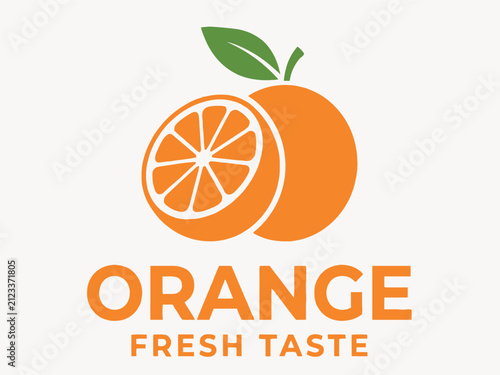 Quadro su tela Orange fruit and slice vector illustration with green leaf on white background c