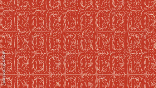 Abstract red background with white hand drawn dashed lines forming experimental geometric shapes and scribbled textures for creative artistic layouts