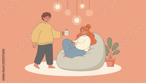 Caring young husband handing a hot cup of tea to his wife relaxing in a beanbag chair in a cozy room at night.