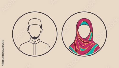 Muslim man and woman are depicted in circular profile avatars, showcasing traditional islamic attire such as the prayer cap and hijab.
