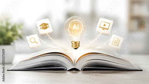 Open book with glowing AI brain lightbulb and digital learning icons. Artificial intelligence in modern education and smart online course concept.