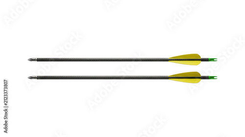 Two archery arrows with yellow fletchings and carbon shafts on transparent background arrow shaft fletching fiber