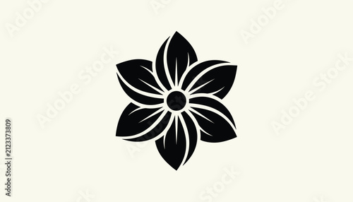 Stylized black flower icon with six detailed petals, designed on a plain background for minimal logos and elegant branding.
