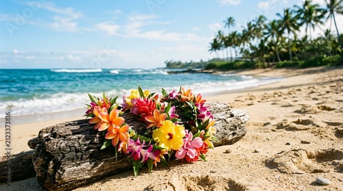 Vibrant tropical Hawaiian lei of colorful exotic flowers resting on weathered driftwood on sunny sandy beach with turquoise ocean, palm trees, and footprints in sand