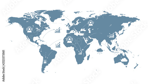Global business network map features call center agents, growth charts, and cloud computing icons across the continents.