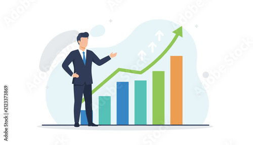 Successful businessman presents a rising bar chart with a green upward arrow, demonstrating strong financial growth and success.