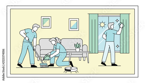 Team of professional janitors cleaning a modern home living room by sweeping the floor and wiping the window.