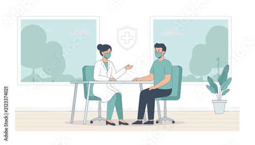 Medical doctor in a white coat consulting a male patient while both wear protective face masks in the clinic.