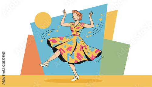 Joyful retro woman in a yellow floral pattern dress dancing happily with musical notes floating around her.