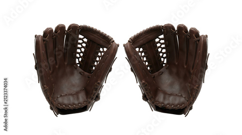 Two baseball gloves with detailed stitching and lacing presented on transparent background glove catcher mitt fielding