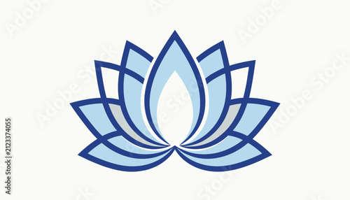 Symmetrical blue lotus flower icon isolated on white background representing wellness, meditation, and purity.