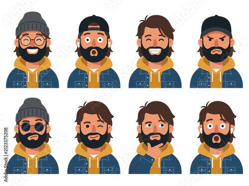 Bearded man character avatar with various facial expressions