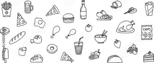Hand Drawn Fast Food Doodle Icon Set Collection
