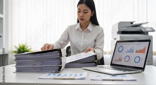 A Young Asian Woman Working With Digital Documents And Printed Finance Reports Tasks At The Office
