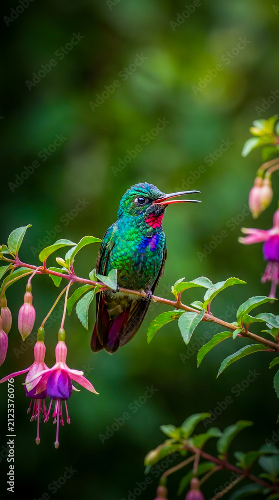 Fototapeta premium Vibrant colorful bird perched gracefully on a flowering branch with soft morning light and blurred green bokeh background
