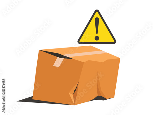Package box damage, cardboard with warning sign