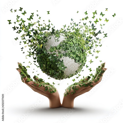 Cupped Human Hands Holding Green Leaf Earth Globe surrounded by Swarm of Flying Butterflies Symbolizing Environmental Protection, Biodiversity, and Ecosystem Restoration Isolated on White Background