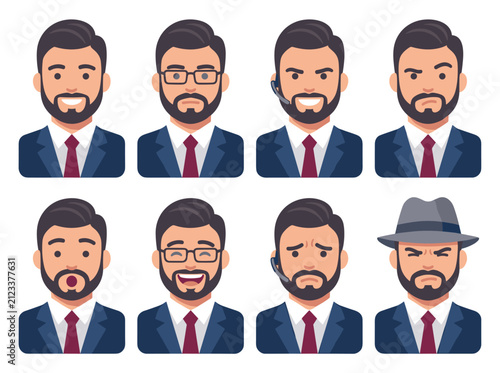Professional businessman character avatar set with various moods